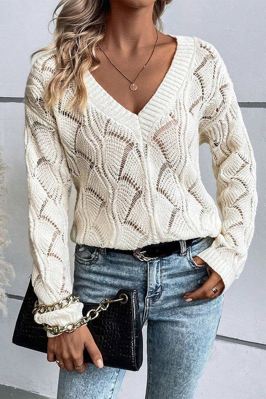 Women Hollow Out Knit V Neck Drop Shoulder Sweater